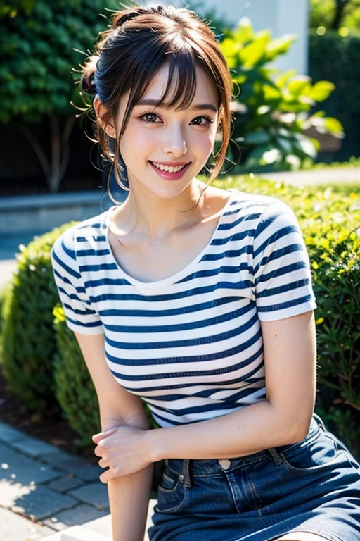 Top quality, 1 beautiful woman, super short Hair, shy Smile, wearing tanktop, From Above