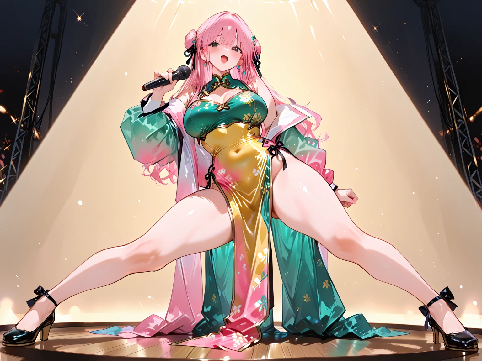 (NSFW) An Italian girl, depicted in an anime style, exhibits the power to command the wind. Her eyes are a captivating purple, with light brown medium-length hair cascading down her shoulders. She is attired in green and black sleeveless clothes and jackets, exuding an Italian charm. Her hair is adorned with a series of delicate, intricately detailed ornaments, contrasting against the minimalist, white lotus background. Her skin is of a perfect texture, with scorching rendering that leaves the viewer jaw-dropped, creating a captivating visual treat. Her large chest and long legs are accentuated by the high heels she dons, all while maintaining