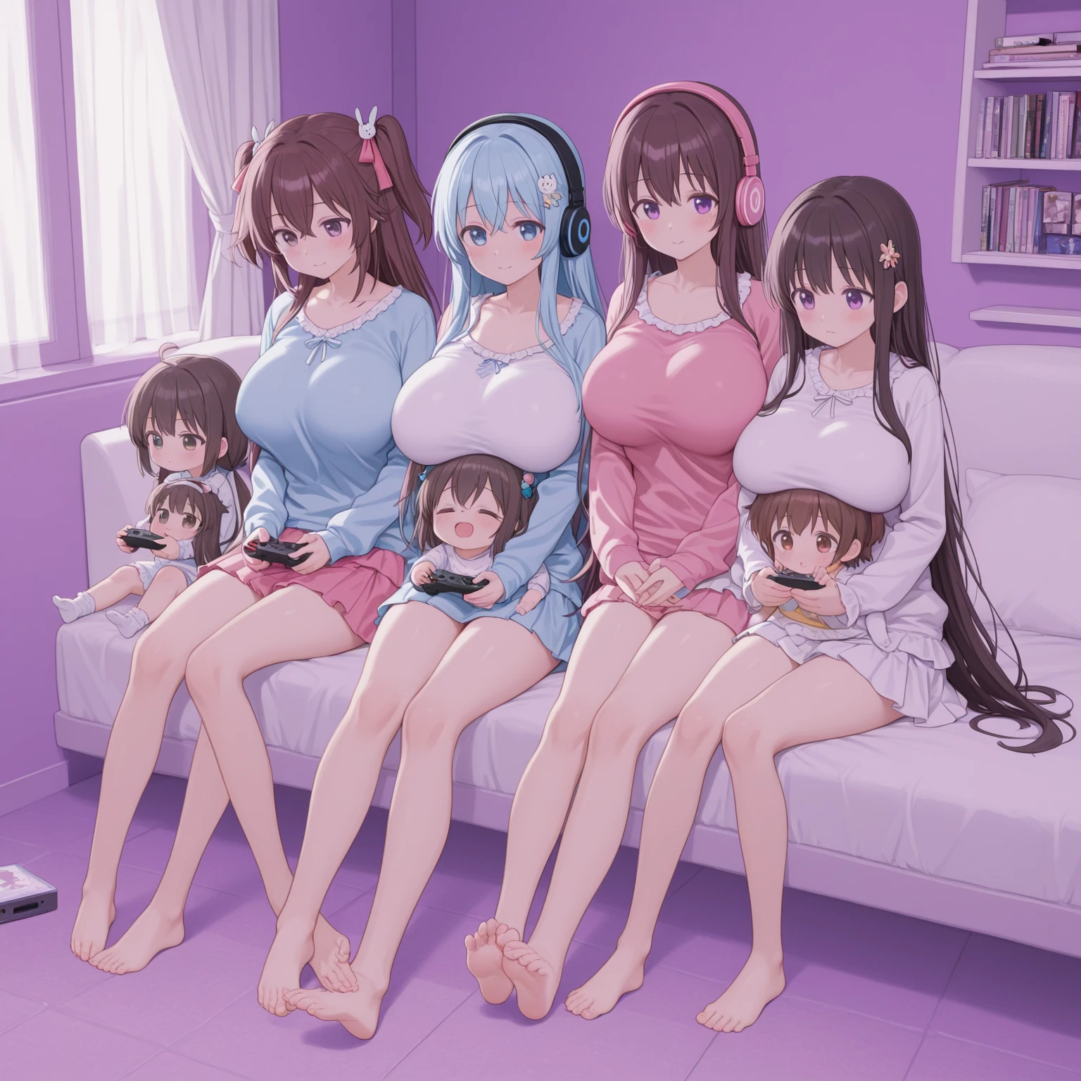 ((Highest quality)), ((masterpiece)), (detailed),Perfect Face,Strong light from the front,With front light,A group of nurses sitting on a hospital bed with their legs apart, wearing nurse uniforms on the top half of their bodies, nude on the bottom half, and no skirts or pants on the bottom half of their bodies.,