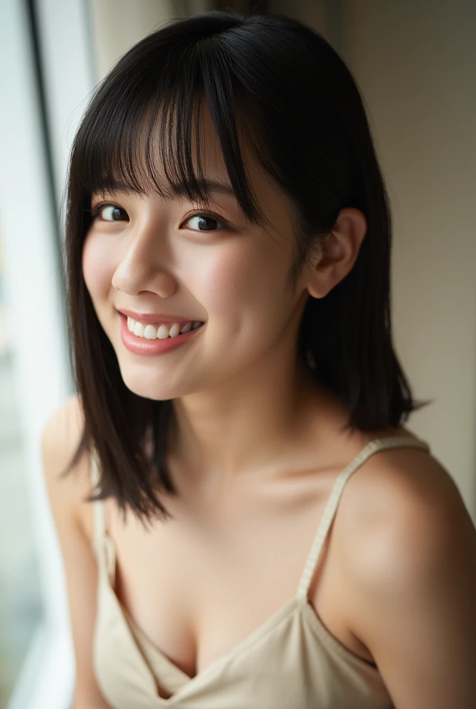 (8k、RAW Photos、Highest quality、masterpiece:1.2)、(Realistic、Realistic)、((smile、Very flat chest、Nipples:1.3))、((naked、pubic hair))、1 girl、((get up、After sexual、morning、morning日が差し込む、 Hotel Bedroom、Sleep on your back、Bathrobes、smile))、cute