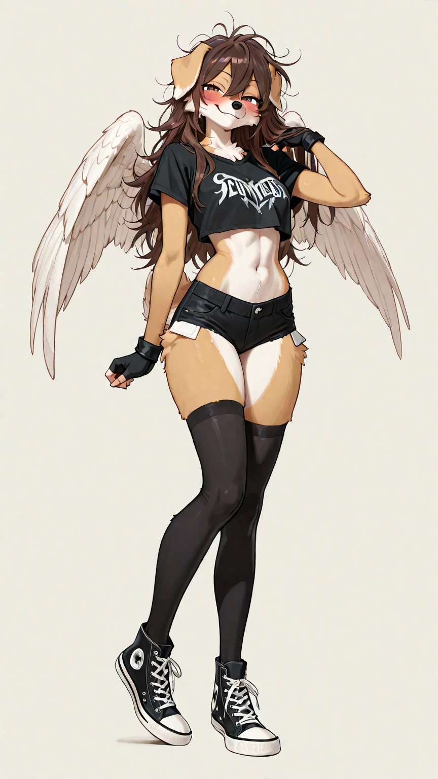 (score_9, score_8_up, score_7_up, score_6_up, score_5_up, score_4_up), a girl, medium hair, chest length hair, dark red hair, brown eyes, standing, on the floor, long black wings, big wings, model, posing, black bra, black panties, OverallDetail, Expressiveh, p1nkh0rr0r
