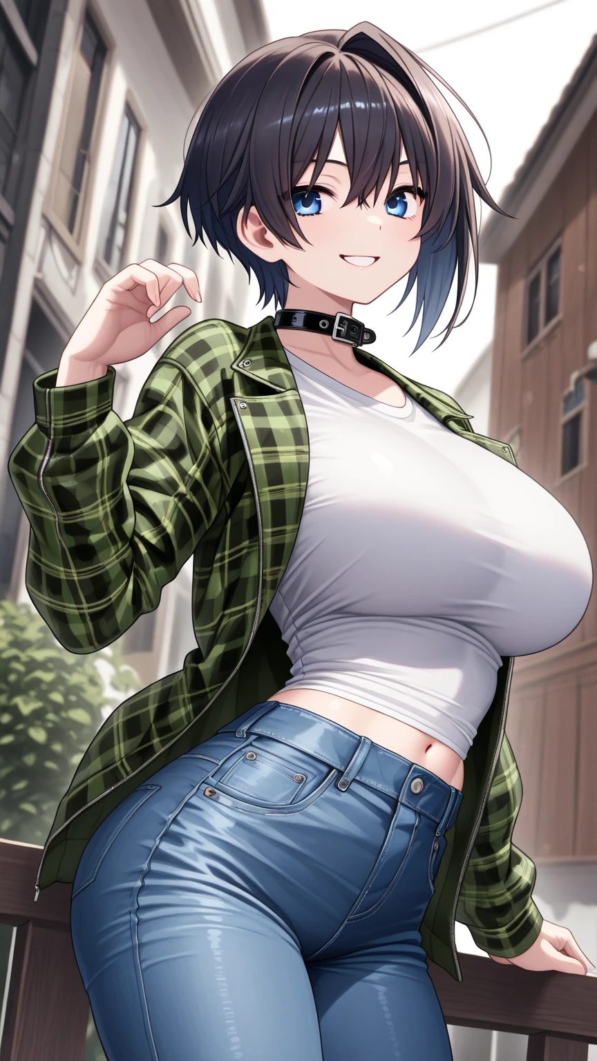 Masterpiece,8k, perfect face highly detailed,HDR, ultra realistic photoshoot, absurdres,award winning photo, extremely detailed, amazing, fine detail,
KazAsuka, Japanese woman, blue crop top, big breasts, denim jacket and minishorts, short black hair, MMA gloves, posing for a picture, in the streets of Osaka