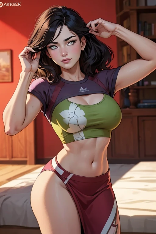 Woman, skinny fit and toned body, big breasts, cleavage, straight brown hair with bangs, circle glasses, skimpy tank top bra, slutty high rise thong, sexy lounging pose, soft smile, blushing