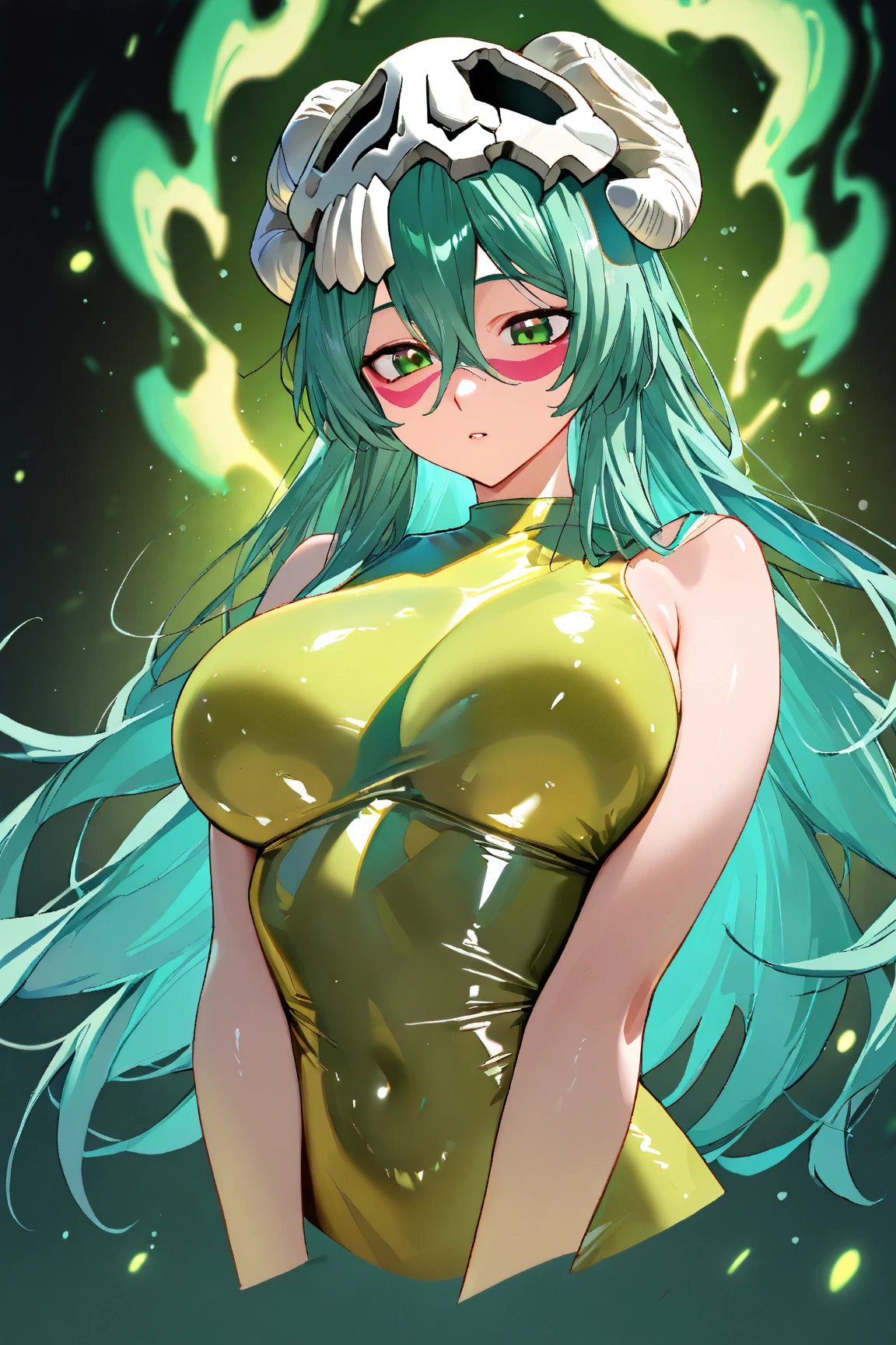 A slime girl with bright yellow hair and a translucent body., Big Tits, Slightly chubby body:0.2, White clothes, Place your hand on your chest, Inside the underground labyrinth, shiny hair, cloud hair, sleepy, anime style, UHD, masterpiece, accurate, anatomically correct, super detail, best quality, highres, 4K
