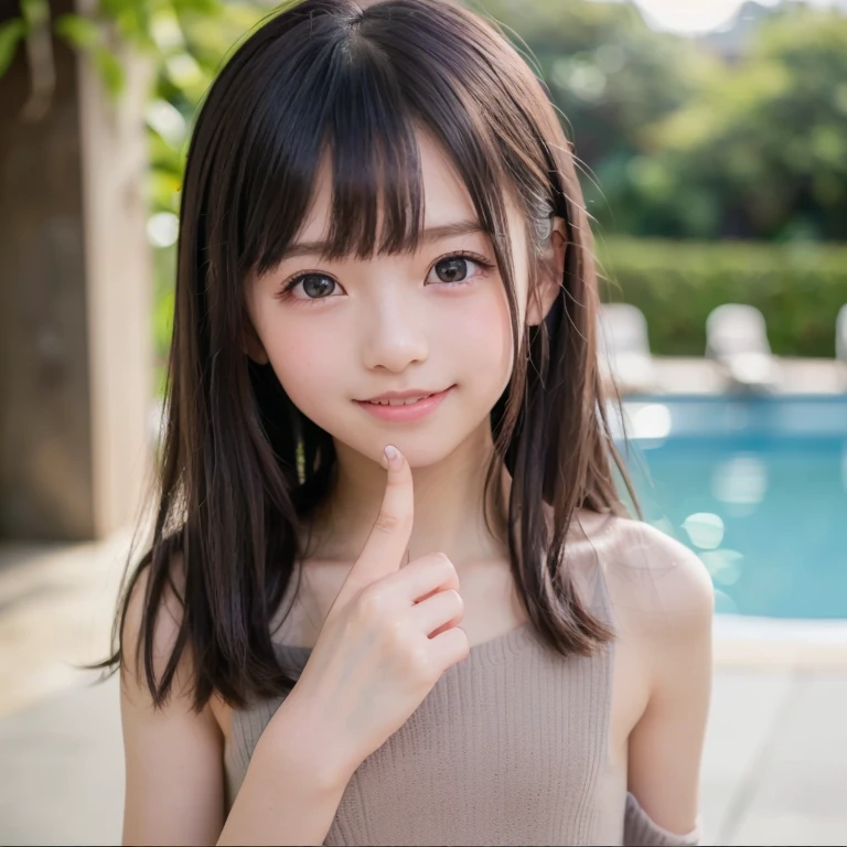 table top, highest quality, 8K, I'm 10 years old, teen, Raw photo, absurd, award winning portrait, smile, smile, alone, idol face, viola lace, gardenia,A tank top with a large opening at the , 、delicate girl, Upper body,full body shot, Digital single-lens reflex camera, looking at the viewer, Frank, Sophisticated, Zola々right, thin arms,small mouth,cute face, professional lighting, film grain, chromatic aberration, (Eye and face details:1.0), (Bokeh:1.1), 、primary school student、、hot spring、open-air bath