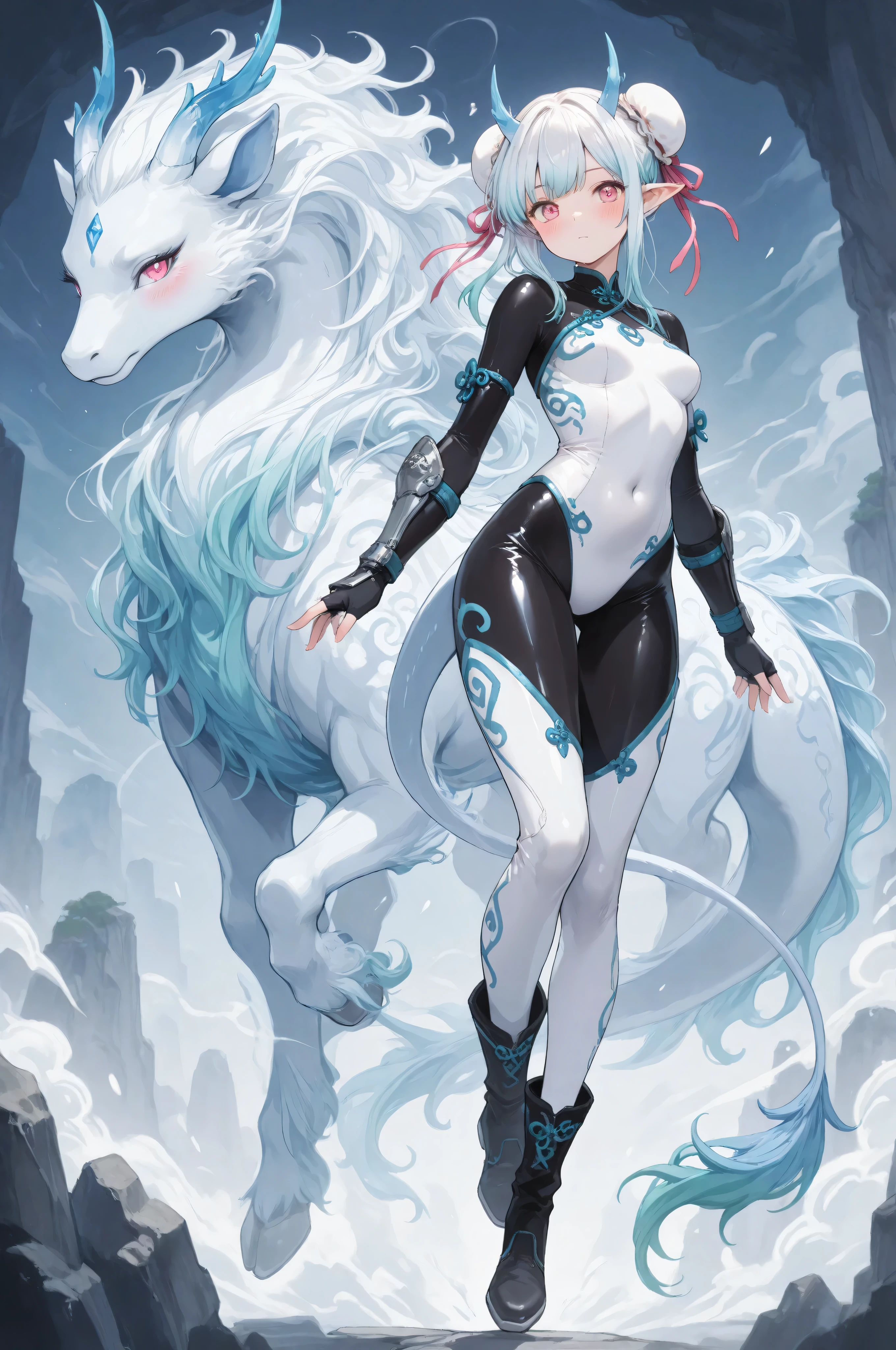 1girl, arm guards, aqua hair, black bodysuit, black boots, black gloves, blush, bodysuit, boots, breasts, bun cover, covered navel, double bun, elbow glove, fingerless gloves ,full body, gloves, gradient hair, hair bun, hair ribbon, horns, looking at viewer, multicolored hair, pink eyes, pointed ears, qilin (mythology), qilin girl, qilin tail, ribbon, sapphire trim, sidelocks, small breasts, solo, two-tone bodysuit, white bodysuit, white boots, white hair,