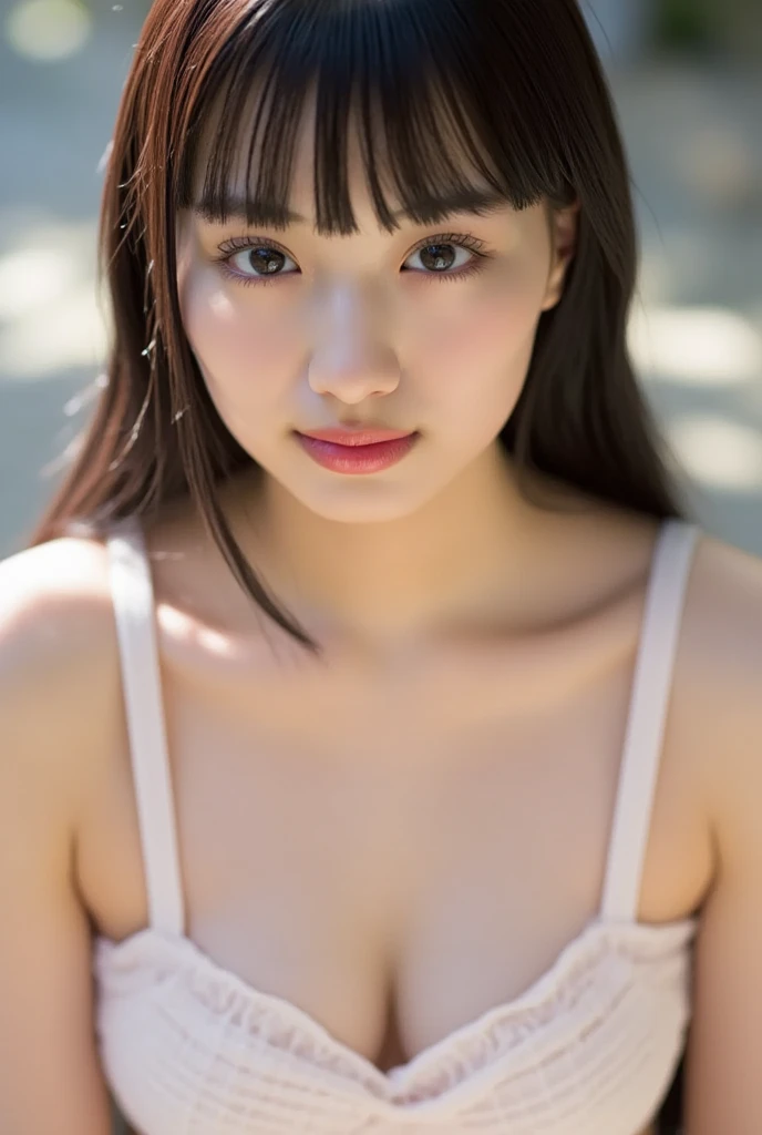 masterpiece, highest quality, 8k, 20th generation, Big Breasts, cute, alone, sad, cute, Girlish, Delicate girl, Pure beauty, RAW Photos, Professional photography, Portraiture, Soft Light, Professional Lighting, Backlight, Upper Body, avert your eyes, Sophisticated, Film Grain, (Eye and facial details:1.0), floating short hair, beautiful, Flowing hair, bangs, Loose Camisole、(Big Breasts:1.0)、Cleavage is quite visible、dolly make、Strange Eyes、Left and right eyes are different colors、