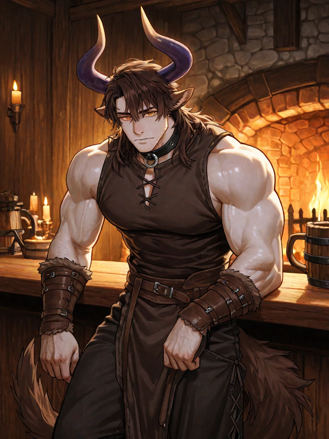 An RPG character who is a red-skinned demon, black horns, and black eyes with red, your hair is long, smooth and white, he is in a tavern with a mysterious look in a black leather outfit and a sword on his back