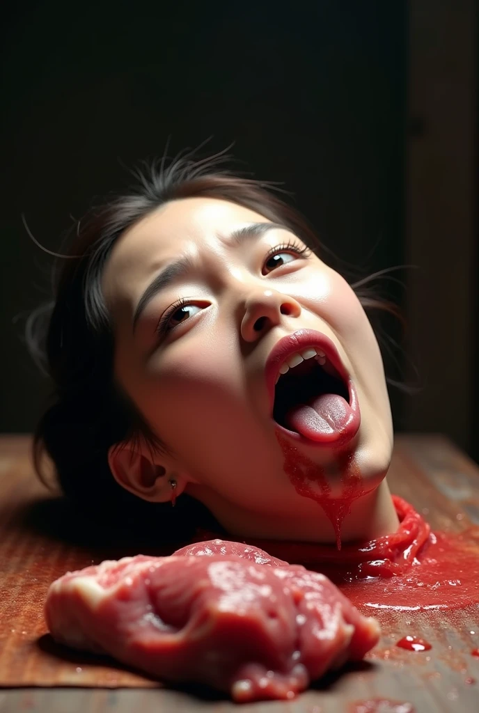 Human head being traded in a traditional market, on a top of table, human trafficking, bleeding, woman's head, open mouth, ((eyes closed)), bleeding, photorealistic, 4K, Nikon, horror, public market backgound, beautiful asian face, Crazy, horror, 17-year-old woman, naked with an apron full of blood, is behind a seated, bloody woman. The man has a machete, hyper realistic, realistic