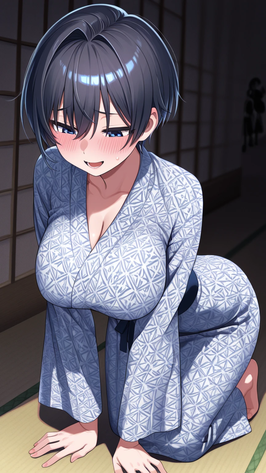 Cute beautiful girl、squat、(From below:1.7)、naked、( Embarrassed blush:1.5)、Open yukata,Big nipples