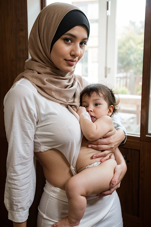 Pale skin Kurdish woman in hijab nude arm nude shoulder breasts nude breastfeed her baby sitting in village room view from up