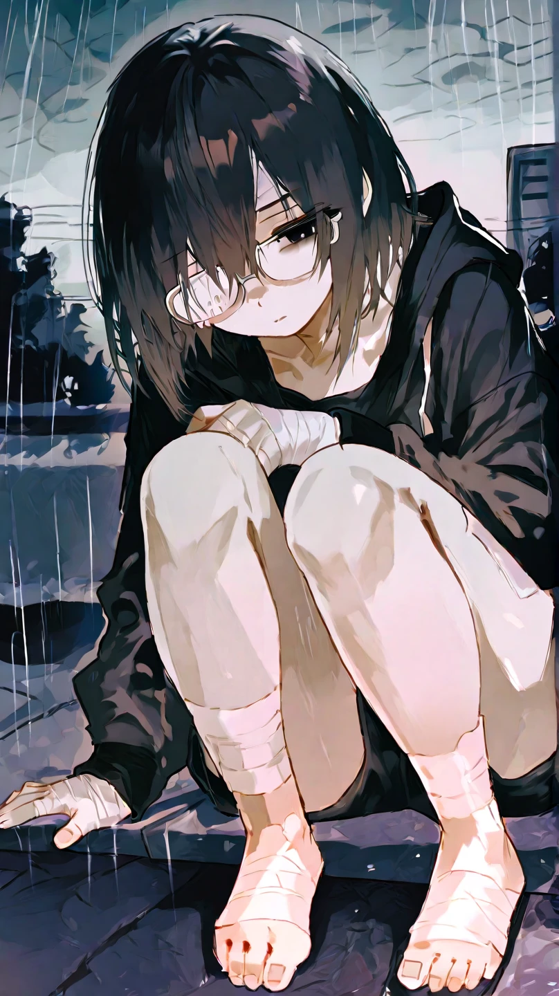 masterpiece,best quality,amazing quality,very aesthetic,absurdres,newest,  <lora:NKNK_NGRMS:1> ,NKNK_NGRMS_illu,black hair,low twintails,hoodie,oversized clothes, black thighhighs,sneakers,monochrome, greyscale,(sketch:1.2),sitting,rain,scenery,
