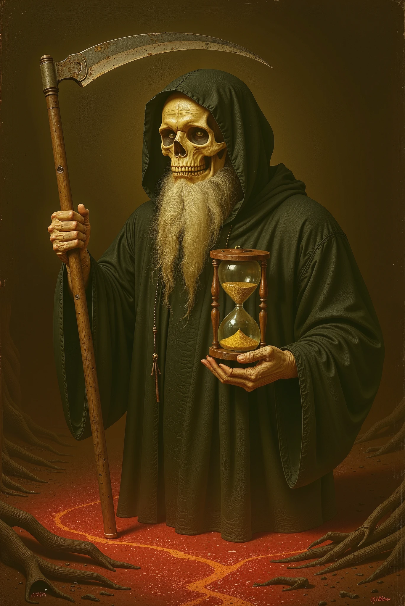Kronos, the Titan of Time, is depicted as a skeleton with a long white beard and flowing white hair, wearing a black linen robe with a hood. He holds a large, worn scythe in one hand and a wooden hourglass filled with golden sand in the other. His expression is solemn and ancient. The background is dark and somber, with earthy tones and soft, atmospheric lighting that highlights his face and the hourglass. The style is classical realism, with dramatic shadows and detailed textures.