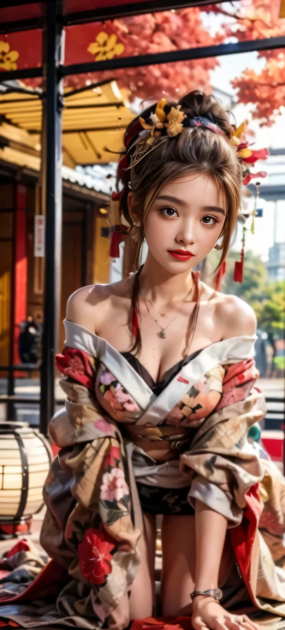 ((((8k))),((Extremely meticulous CG)) ,(wallpaper),16k,((Extremely refined and beautiful)),(((Masterpiece))),(((best qualtiy))),(((Ultra High Resolution))),beautiful light up,Perfect lightning,realistic shaded,[A high resolution],(Smooth and flawless fair skin:1.5),(pale skin:1.3),Extremely exquisite facial details,(perfect body:1.1),ultra-detailed,A beautiful girl,solo,(small head:1.2),(short ponytail:1.1),(small face:1.2),Exquisite makeup,(small breasts:1.2),(flat chests:1.2),((slim,thin)),happy,(smile:1.2),(fur collar:1.2),(Gorgeous Exquisitely embroidered fur edged red robe:1.5),(red hakama:1.2),(night scene:1.3),(bright full moon:1.3),(outdoor:1.2),(On the street:1.3),(In ancient Chinese town:1.3),(ablaze with lights:1.3),(lanterns:1.2),(detailed background:1.5),(standing:1.3),(arms behind back:1.3),(close-up of face:1.3),(from front:1.3),(surrounded by crowded crowds:1.5),(winter:1.3),nude ,show tits