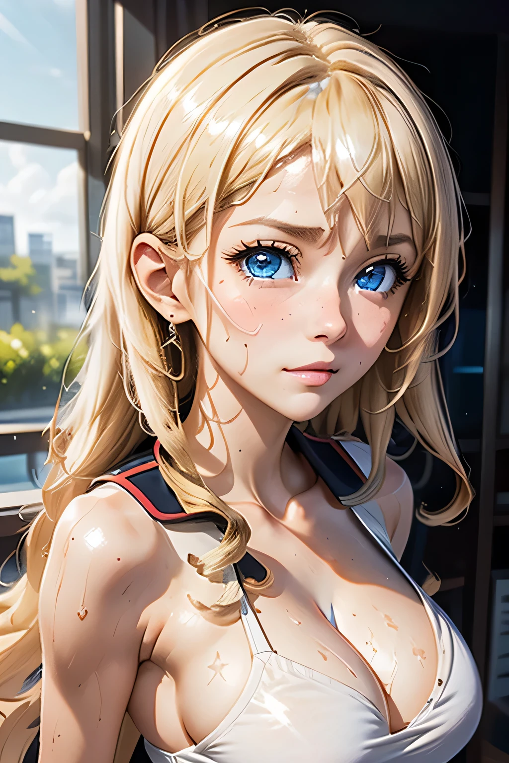 A blonde woman with long hair and a blue dress is posing for a photo, Realistic anime art style, Photorealistic anime girl rendering, Smooth anime CG art, Anime realism style, Realistic art style, Realistic young anime girl, Gorgeous digital painting, Realistic Anime 3D Style, Beautiful anime portraits, Realistic anime art style, Close-up character portraits, 3D Anime Real, Anime style portrait