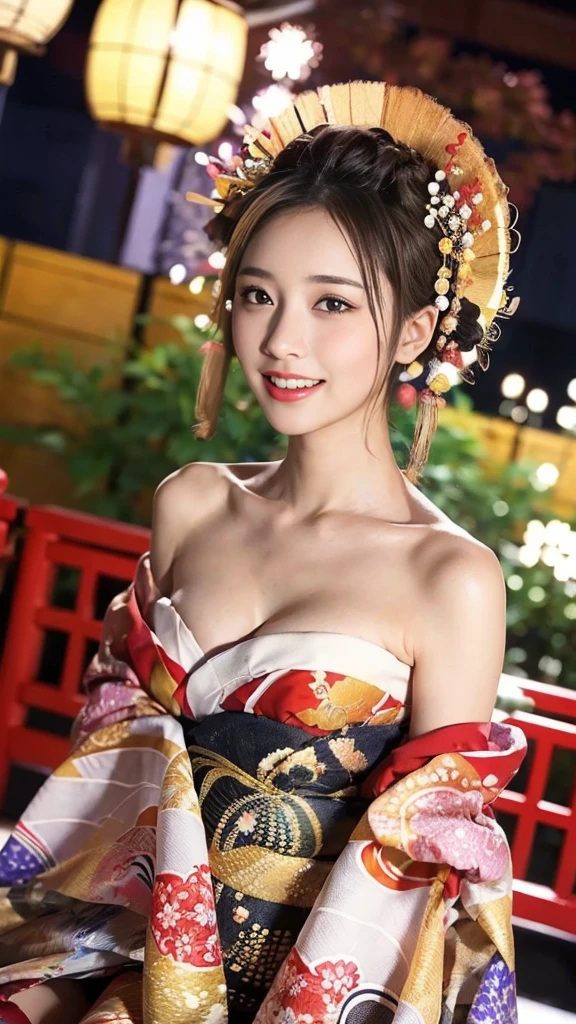 ((masterpiece(:1.4)，Highest quality，Ultra-high resolution，Highest quality，8k，Very detailed，In detail))。night，Fireworks display，Japanese，Beautiful woman，Big Breasts，Flashy gal makeup，Oiran，Long-sleeved kimono，uchikake，Gold brocade，Sunny clothes，Tying up hair，hairpin，hair ornaments，can，Oiran道中，Gorgeous and luxurious，(Fireworks displayのnightに河川敷で花火を背景にしたスナップ写真)，Accentuate your breasts，Pull the dress up to show your shoulders，