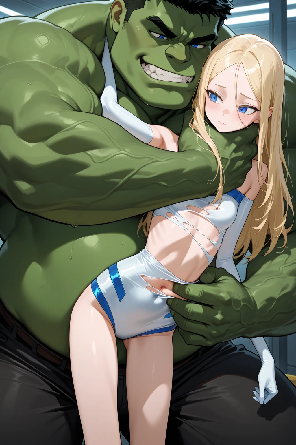 score_9, score_8_up, score_7_up, source_anime, (lying on back),from above floor,((((wrestling ring)))), ((1girl)and(2goblins)),(height difference),hetero,((((1muscular girl)))),(long hair),straight hair, (blonde hair), light blue eyes, (huge breasts), pale skin,shiny skin, (rolling eyes:1.4),(trembling), ((She wears white leotard armor ,black pantyhose)), cum in pussy,(cum on clothes:1.4), cum on breasts,cum on body,cum facial, bukkake, cum in mouth,cum on hair,(excessive cum), (2goblin,short stature:1.4),((smug)), small penis, fellatio, (((irrumatio))), sobbing, ((((head back,look up reverse_fellatio, irrumatio from head)))),((((rape,veiny penis,vaginal penis,missionary sex, fellatio,deepthroat,motion lines,^^^,exccesive cum)))), open mouth,penis in mouth, irrumatio,swallowing penis,clothed sex,