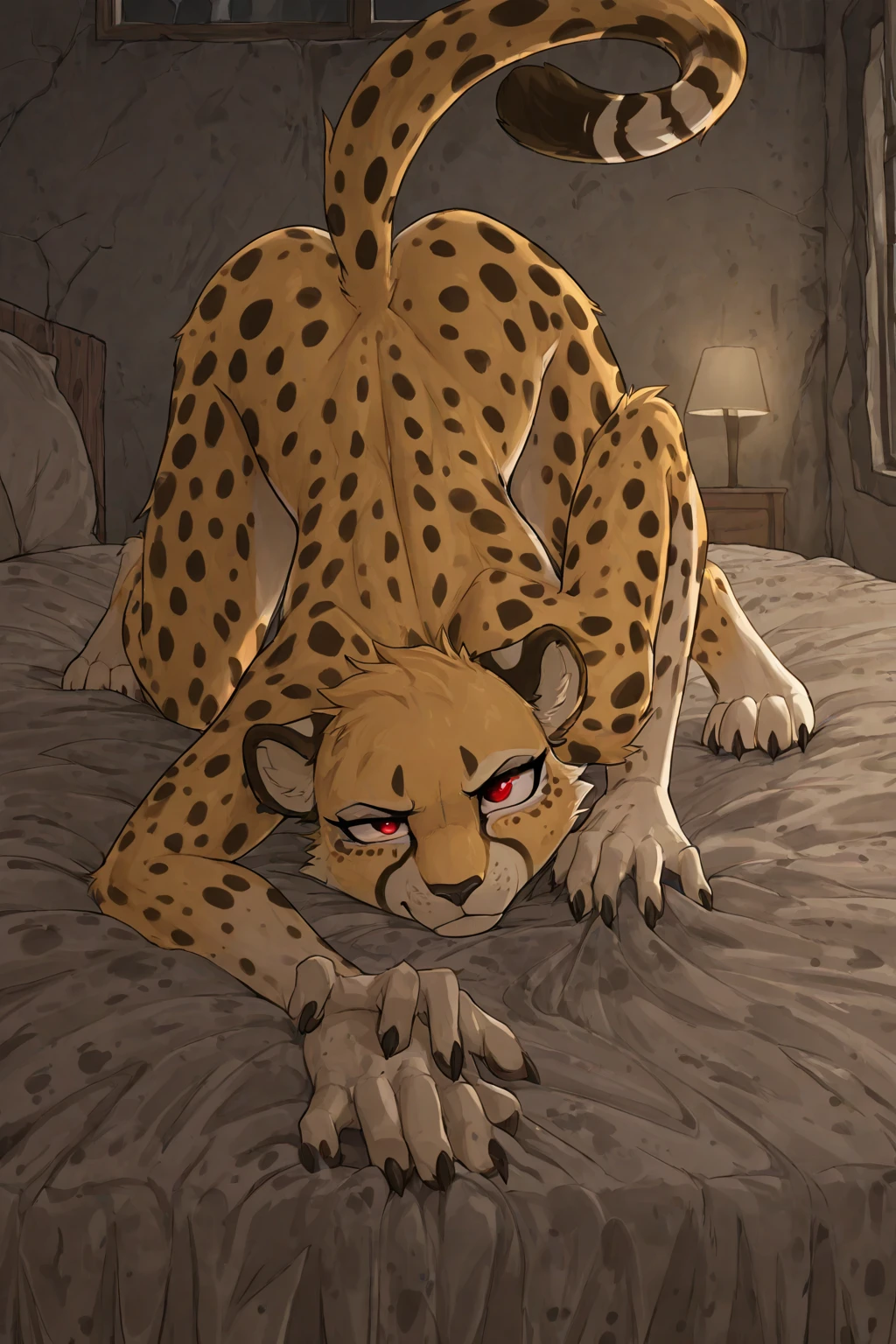 A boy,cheetah,Long tail,male,nudity,serious look,nudity,Exposing,Sweating,serious expression,South Korea,white socks,bed,penis,Oral