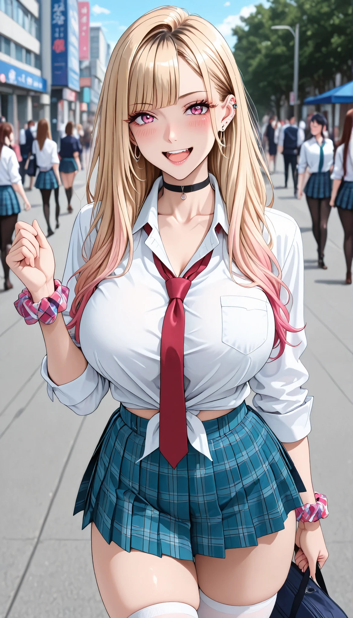 Tall girl, fit girl, KJOmarin, blonde hair, long hair, pink eyes, earrings, ear piercing, multicolored hair, score_9, score_8_up, score_7_up, source_anime, masterpiece,best quality, huge breasts, flashy gyaru,1girl, jewelry, necktie, earrings, skirt, breasts, shirt, long_hair, thighhighs, wrist_scrunchie, large_breasts, choker, white_shirt, open_mouth, looking_at_viewer, plaid, smile, blush, collared_shirt, tied_shirt, plaid_skirt, blue_skirt, bangs, solo_focus, school_uniform, red_necktie, outdoors, shirt_tucked_in, black_choker, scrunchie, sleeves_rolled_up, pleated_skirt, thighs, blurry_background, collarbone, white_thighhighs, parted_bangs, skindentation, :d