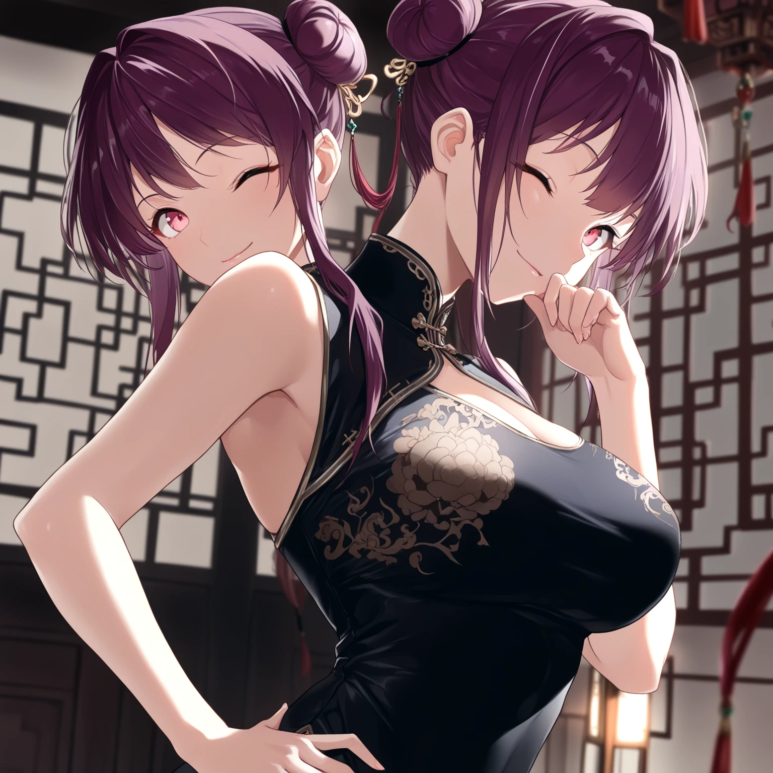((realistic: 1.5)),((best quality)), ((masterpiece)),((detailed)), woman, brown hair,
 bangs, purple eyes, cross-shaped pupils,
focus on face, mocking expression, tongue out, purple tongue long legs, curves, medium breasts, cleavage, casual wear, wide hips, long eyelashes,
fire aura around chinese temple