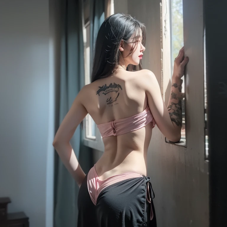 ((Best quality)), ((masterpiece)), 3D, 4K, A beautiful girl wearing tattered clothes stands in the heavy rain, (((spread ass))), (((hand on own ass))), (((no panties))), (((no bra)))