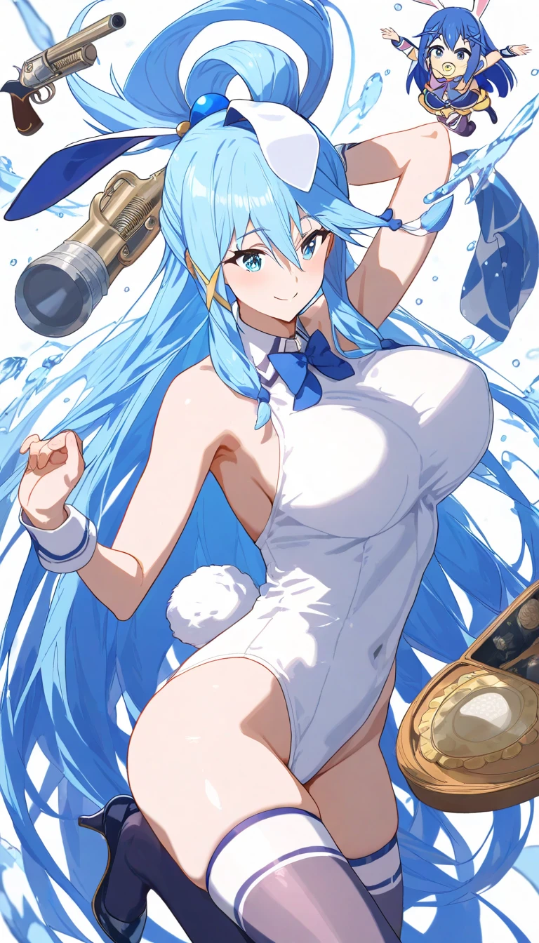 naughty face aqua konosuba smiling , blue hair sexy girl, no clothes, big ass, big bobs, White background