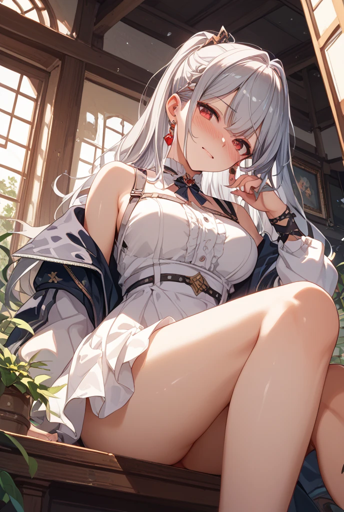 Masterpiece、Highest quality、Highest quality, (long and thin legs, shoes:1.2), Arm behind wrist, squat、Spread your legs、1 girl, (smile、Open your mouth大笑い:1.2), Cute blue eyes, (Detailed face:1.3)、Open your mouth, The whole face turns red, alone, Big and ample breasts, (Straight bangs, Twin tails), White maid outfit、Side bust、Underbust、belly button、Walking through the mansion'corridor、nsfw