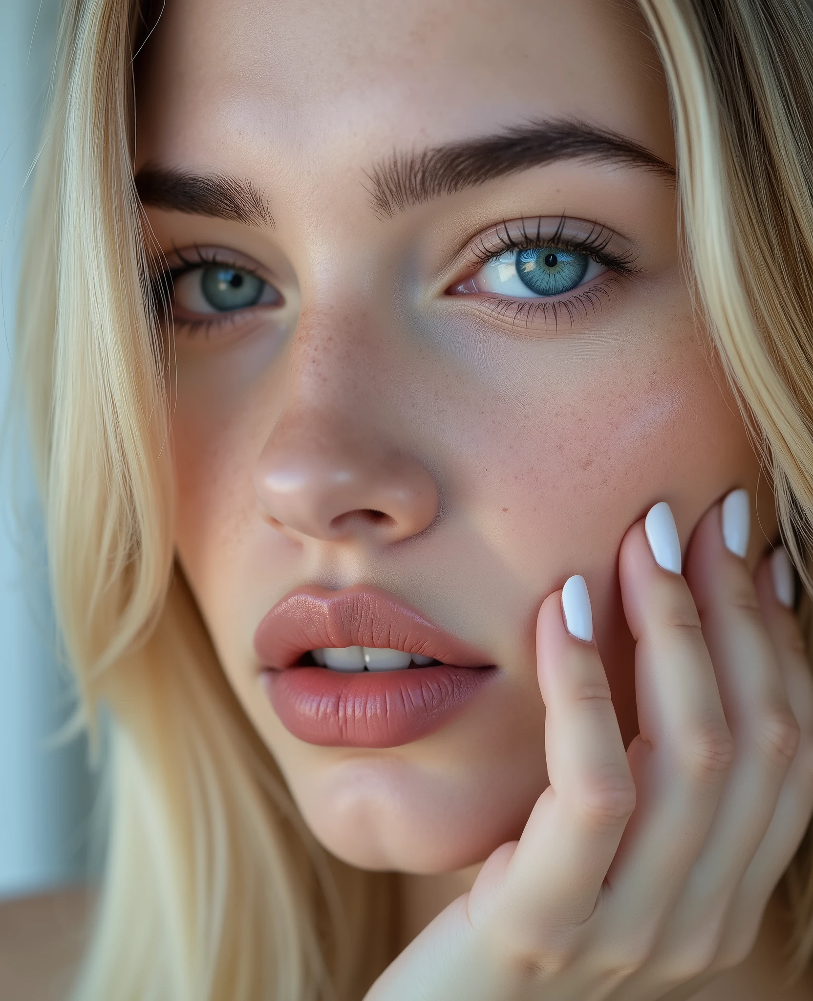 stunn1ng, photorealistic, close-up portrait, candid photography style, white european caucasian woman, young adult, alluring youthful face, soft cute features with subtle sharpness in cheekbones, vivid icy blue contact lenses with an intense frosty glare, dyed blonde hair with visible natural brown roots, middle-parted hair, extremely straight hair like an arrow, long hair framing face, ((mouth closed at all times)), cold annoyed expression, piercing half-lidded eyes, gaze filled with irritation and superiority, subtly raised eyebrow, projecting cool indifference and arrogance, visible long manicured fingernails with classic french tips brushing against her cheek or jawline, photorealistic skin texture, natural pores, realistic makeup, icy aesthetic, neutral daylight, cinematic soft shadows, cool-toned lighting, ultra-detailed, 8k, editorial realism, fashion photography tone, emotional distance, subtle tension