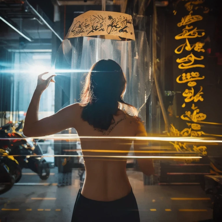 a portrait of a beautiful woman with braided long golden hair in a ponytail wearing a white and gold bikini standing in a cyberpunk city walking away revealing her backside a second woman is an Asian cyberpunk goth girl wearing nothing ::nude:: kissing