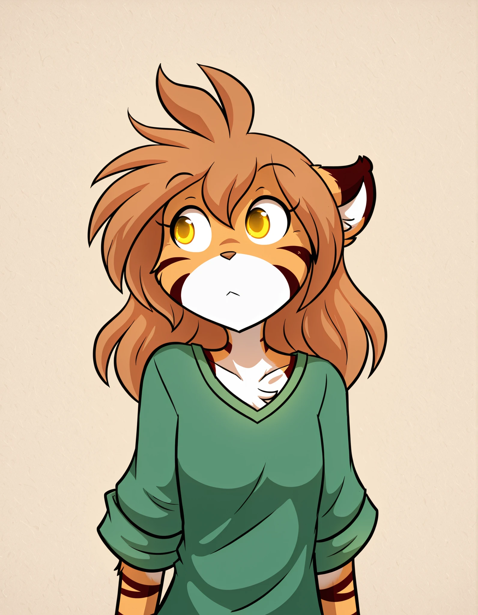 miwako,, furry, solo, flora-twokinds, flora_twokinds,, tiger, striped fur, keidran, yellow eyes, anthro,, green shirt