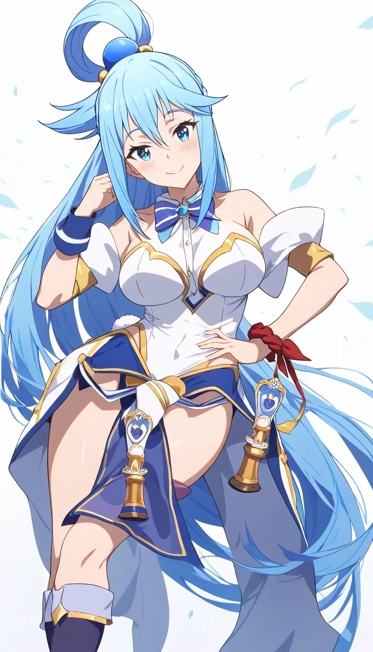 masterpiece, best quality, 1girl, aqua_konosuba, long hair, light blue hair, blue eyes, smile, , medium-large breast, pubic area visible