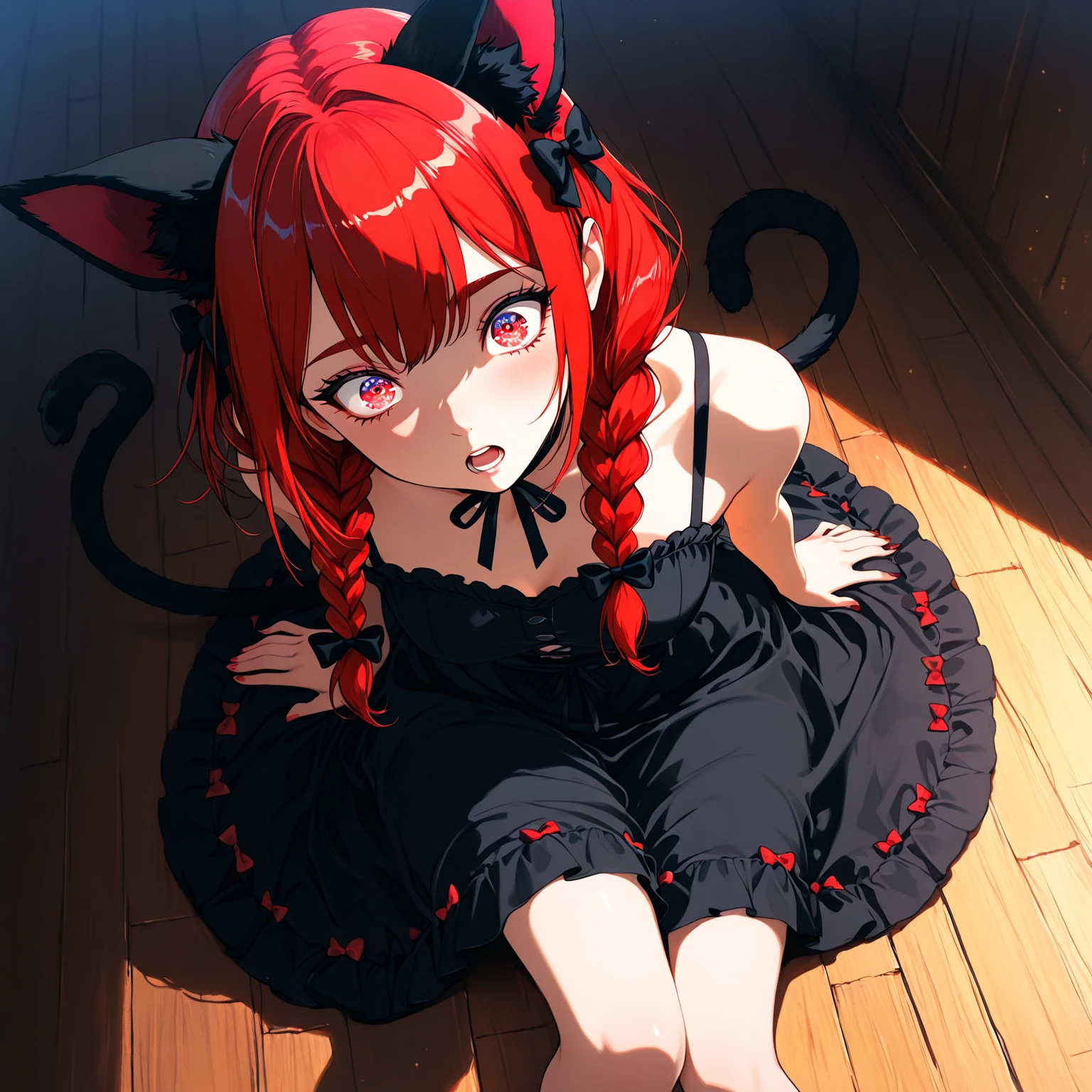 ((1girl)), attractive 18 year old, red hair, ((green dress)), ((black cat ears)), ((black ribbon on hair)), ((twin braids)), red ribbon on neck, shoes with laces around leg, ((RAW photo, Photo realistic, 8K UHD, HDR, best quality, highest quality image, photography)), perfect eyes, under a night sky, full moon