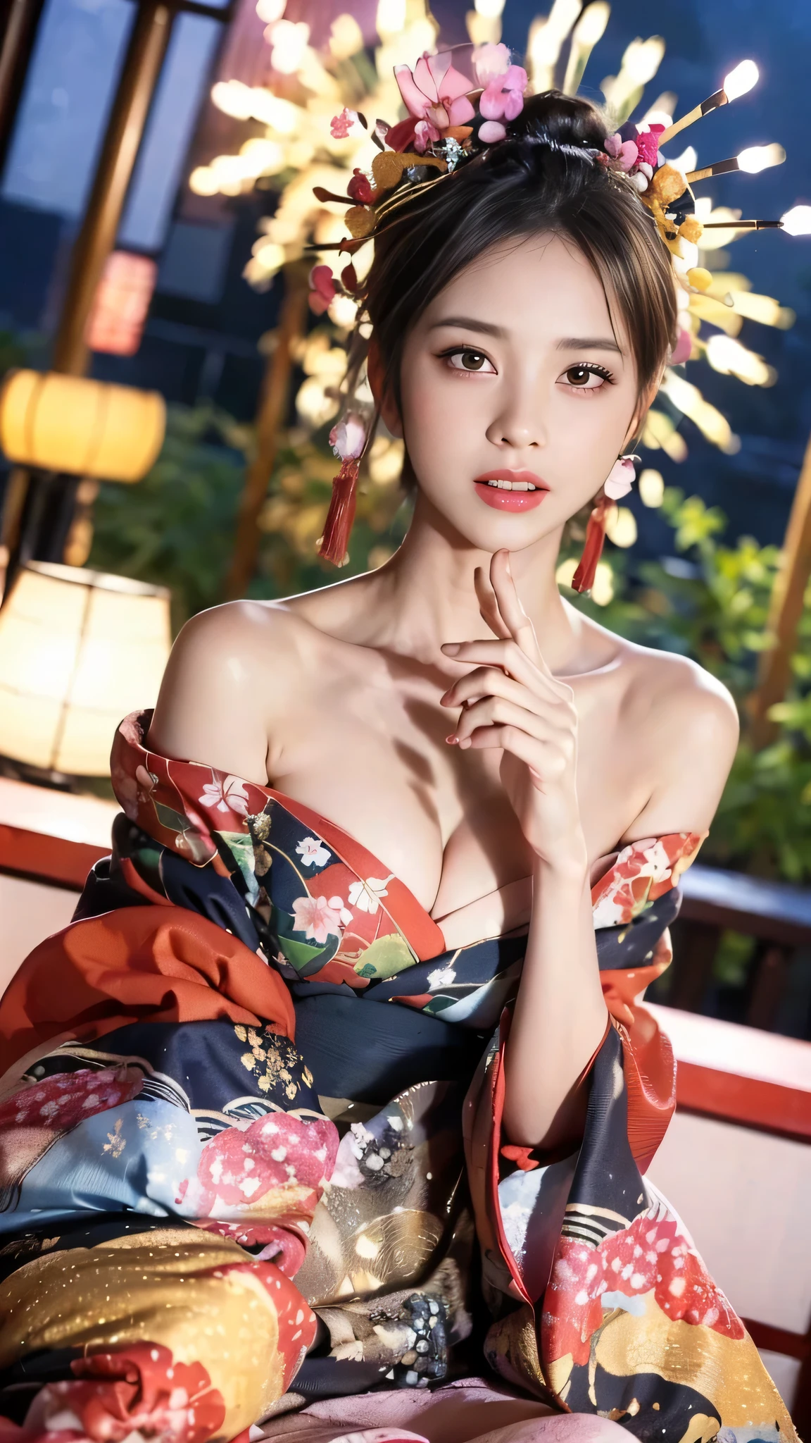 (one young girl), very cute face, wonderful face and eyes, (highly detailed eyes, highly detailed face), Fresh, very beautiful appearance, (超realistic, High resolution), (highest quality:1.4), RAW photo, (realistic, Photoreal:1.37), professional photography, (floral pattern yukata:1.5), (Open yukata), (cleavage:1.2), (bare shoulders), smile a little, (look at me), Bedroom, girl portrait,