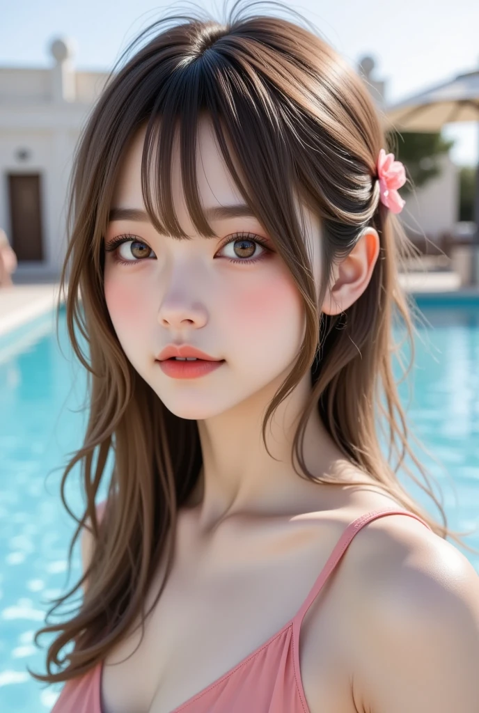 Young Japanese Woman, 30th Generation, White Background, simple background, White brown hair, thin, 4K, In 8K, high quality, beauty, Beautiful Eyes, simple, High resolution, Swimwear, bikini、Poolside
