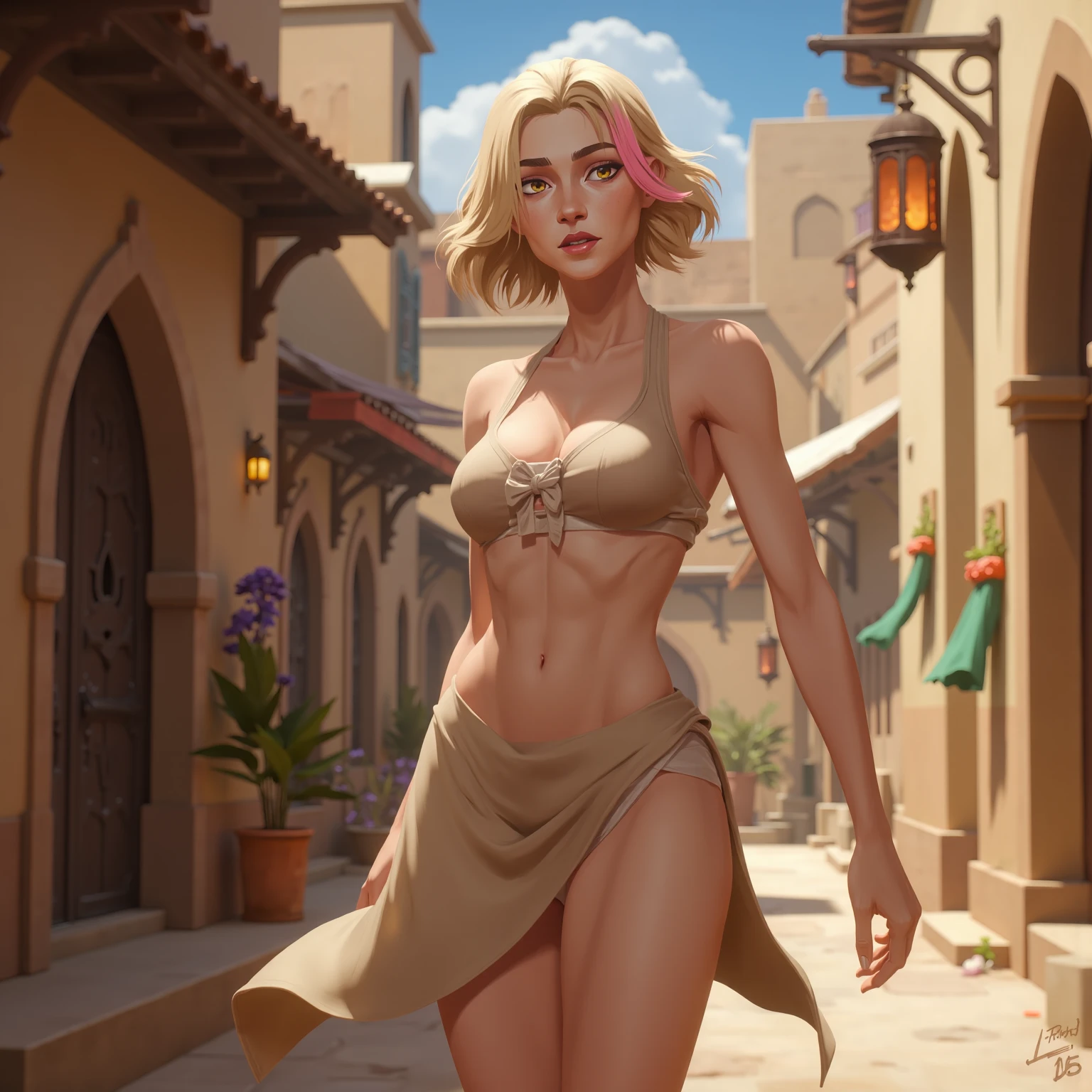 iset, ((white bob cut, bangs, low ponytail braid,slit pupils, glowing blue eyes, ,facial mark, makeup, narrow waist, skinny, medium breasts, bracelet,jewelry, black skin, dark skin)), pelvic curtain, ((red bikini)), full body, perfect body, (insanely detailed, beautiful detailed face, masterpiece, best quality) , (((solo))), (((1girl))), (((mature))), (extremely detailed 8k paper CG wall unit: 1.1), (desert,Egypt, dusk), (smile face for the viewer), ass