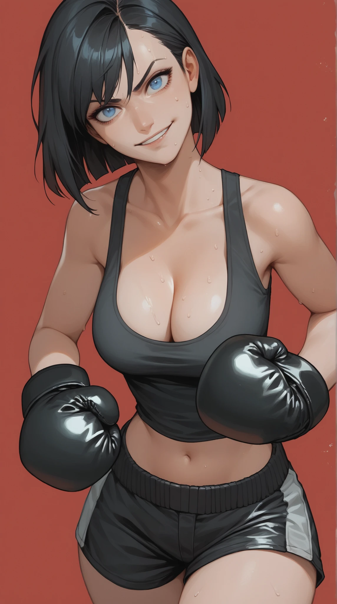  2D anime picture, (anime style 1), single female arrogant boxer, 20 years old, sadistic, Japanese, smirks at the viewer, beautiful long black hairstyle, lush breasts, in black high neck crop top, in black leggings, in yellow boxing gloves стоит возле боксёрском ринге, in empty gym, night 