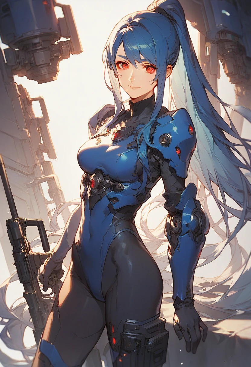 ((Masterpiece, Best Quality)), blue hair, cat tail, Green eyes, White armor, big breasts, big ass, illustration, ultra-detailed 8K, realistic, clear focus, highly detailed, professional lighting, colorful details, colors BREAK factory super long shot, (1 large mechanical robot), microchip, computer, luminescence, intricate details, shitu-mecha, 1girl downscale standing in front of the viewer, navel, in a cyberpunk city.
