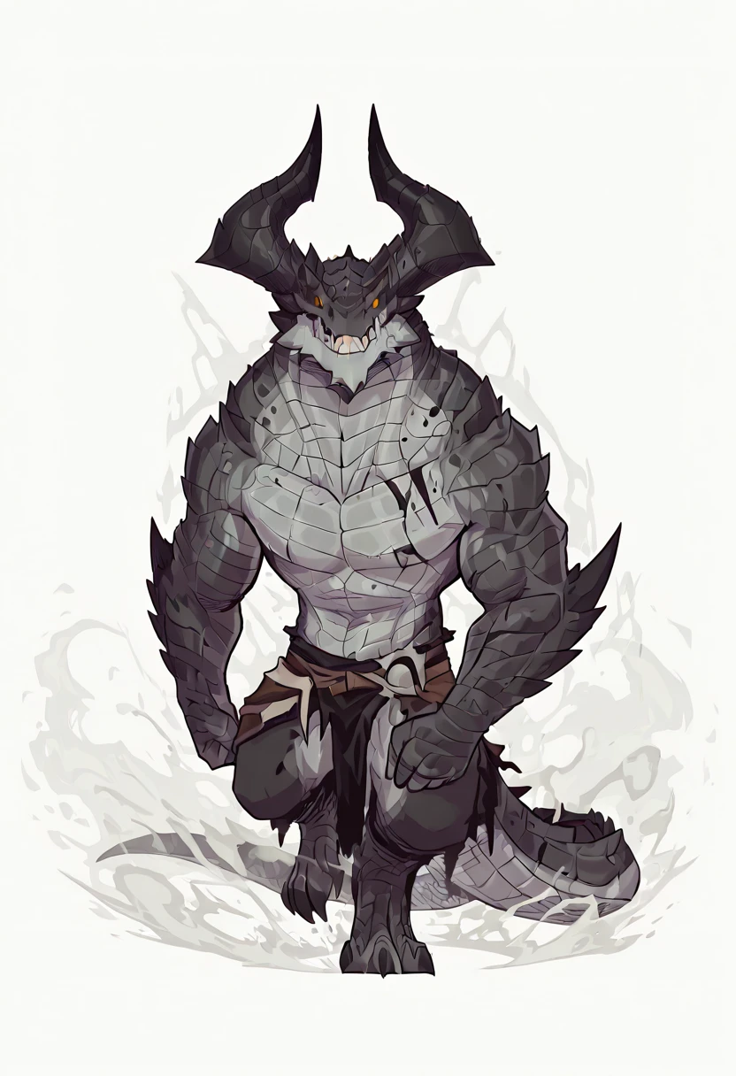 (by zackary911, anime) anthropomorphic, muscular, lean, fit body, detailed leg muscles, thigh muscles, abs, biceps, adult, tall, mature, bored expression, tired expression, neutral expression, full body portrait, lean, anime, (young dragonborn, black body, black horns, black spikes), (loincloth, brown pants, loincloth over pants,)