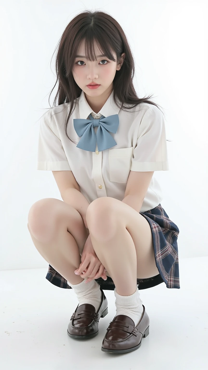 Uniform Cosplay、Uniform Cosplayer Ponytail Bangs、(cleavage of the breast)、Predecessor Wan、Panchira、(Laughing with white teeth)、二重まぶた、Frontal Face、slenderbody、Kneel in a chair、(8K、Raw photography、top-quality、​masterpiece:1.2)、(realisitic、photoRealstic:1.37)、ultra-detailliert、(Detailed beautiful girl:1.4)、女の子 1 人、FULL BODYSHOT、
