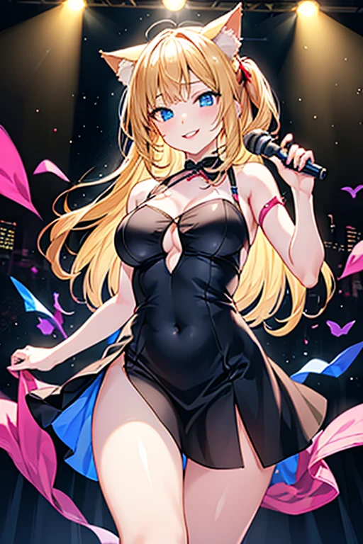 (masterpiece, best quality, high resolution, 8k), cowboy shot, BREAK, girl style anime, well defined eyes, high definition eyes, perfect body, perfect anatomy, eyelashes and black shadow under the eyes, detailed, round eyes with eyelashes and highlighted eye shadow, BREAK, brown light eyes, colorful hair, side-swept bangs hair, wearing pink strapless dress, round butt, perfect curves, with watch on her hands, medium breast, BREAK, girl singing in a karaoke with a microphone, big speakers and subwooferlaser lights and colorfull ballons in a party house.