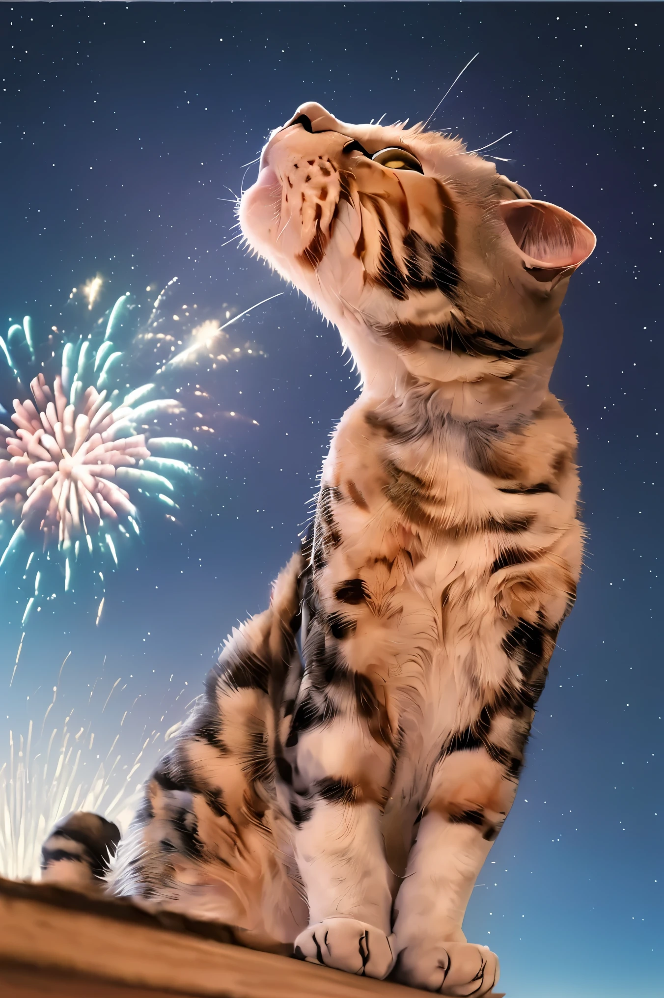 (((Best quality, 8k, Masterpiece: 1.3)), ((best quality)), ((masterpiece)), (detailed), Fireworks. A cat looking up at fireworks. Scottish Fold. Composition looking up from below. Night sky