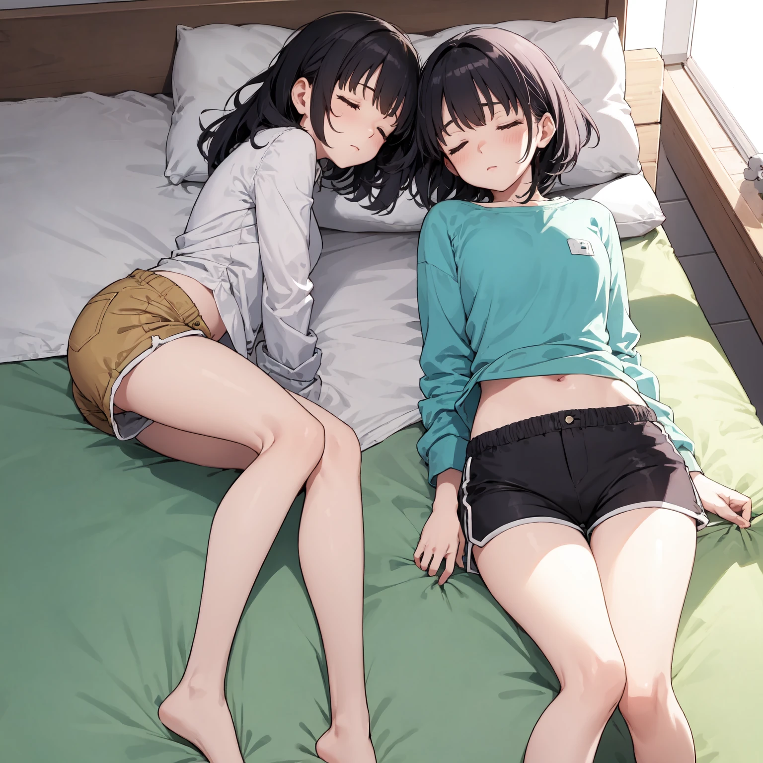 there are two girls。A black-haired girl is licking the armpits of a blonde girl lying on the bed.。