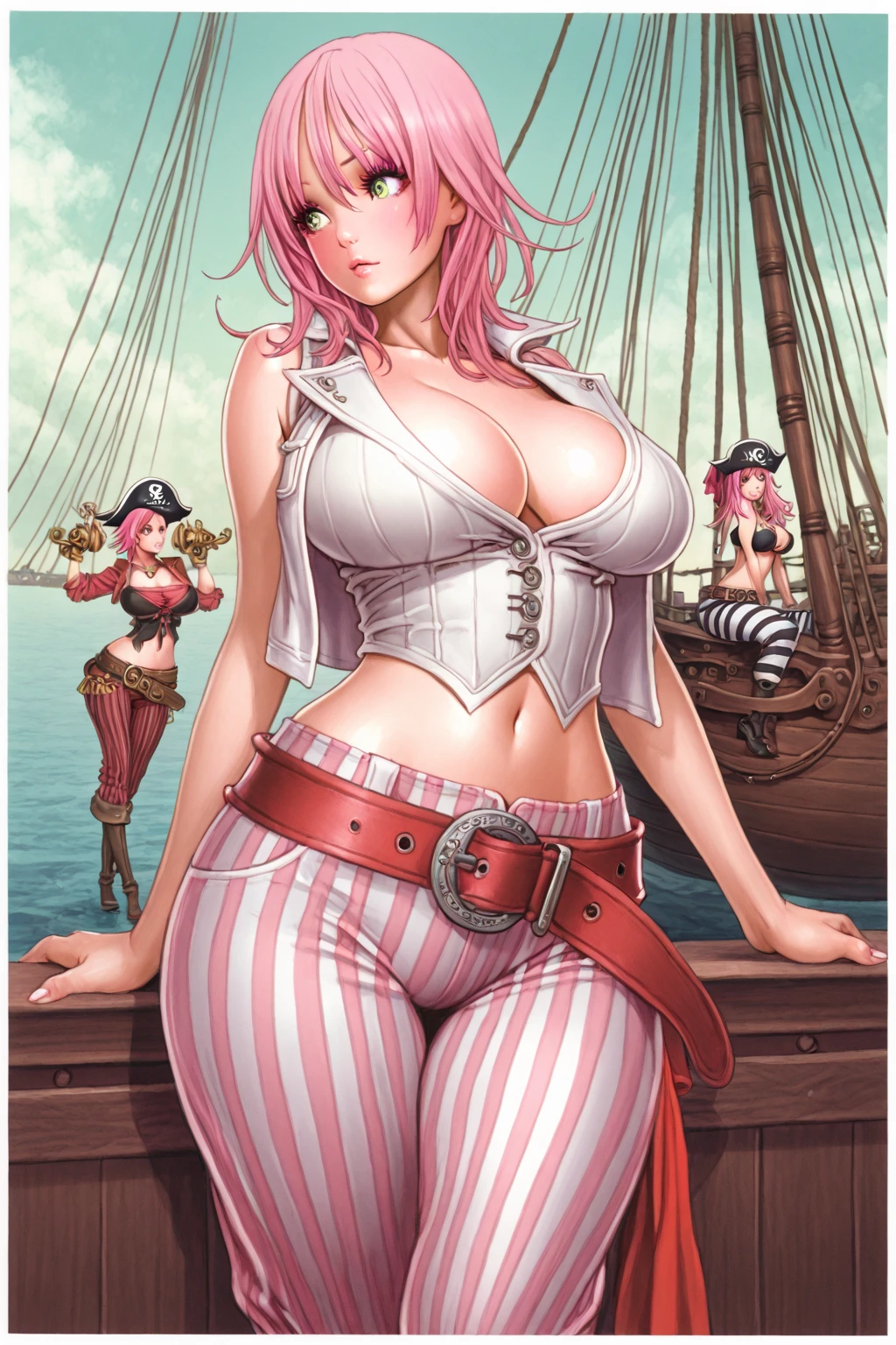 Sexy girl wearing (big diaper), ((Miss Fortune)), busty, (big breasts), wide hips, (latex), stockings, fishnets, (corset), (hypnotic), (magical), (blushing), pleasure, (orgasmic), colorful, ((mommydom)), ((pirate)), (pirate ship), ocean, sails, sunlight, tropical