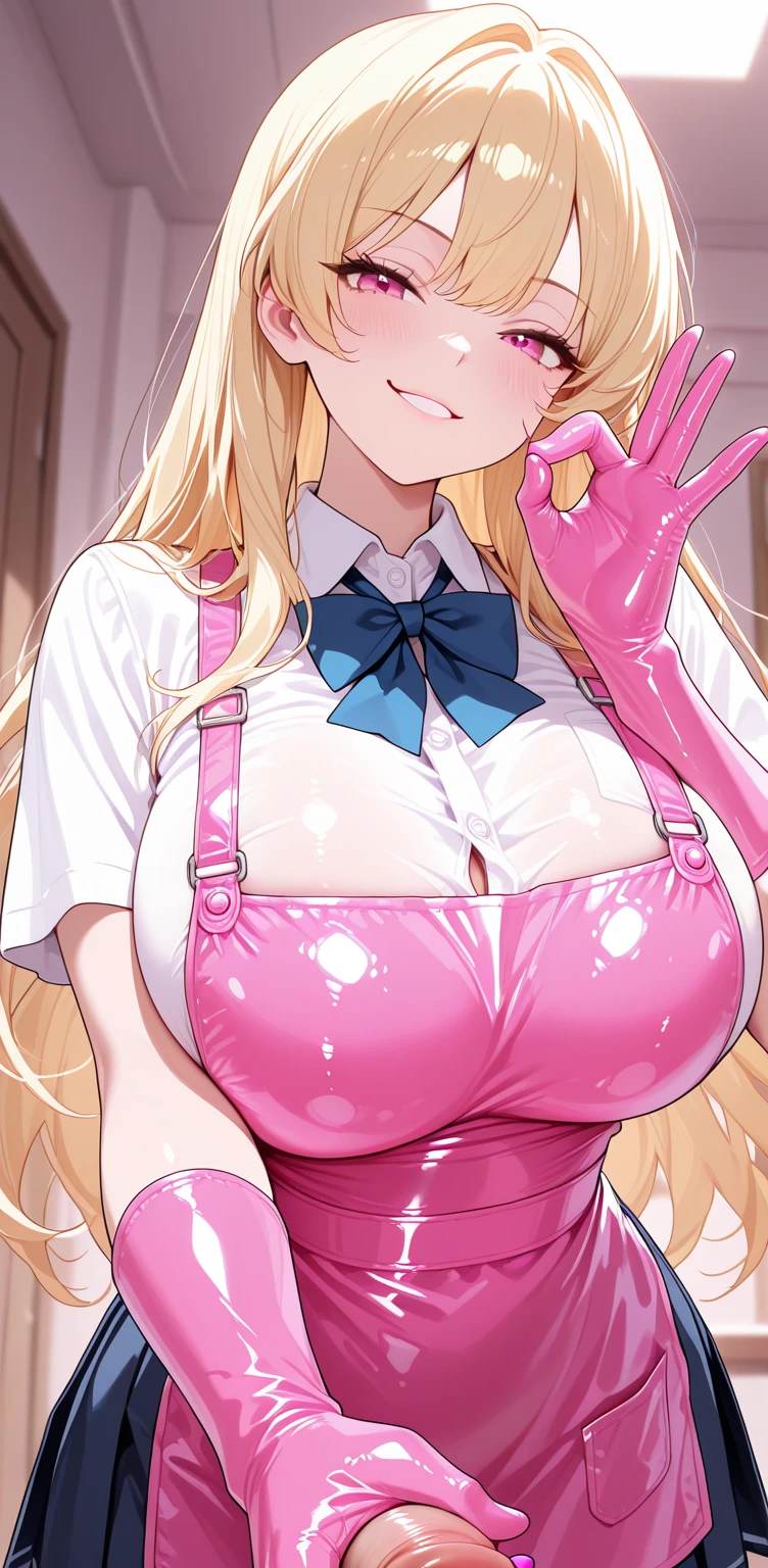 score_9, score_8_up, source_アニメ,Blonde,Blue Eyes,long hair,tall,very big breasts,sharp eye,((1girl)),shiny skin,Black latex,front open,Areola,Reverse Bunny Suit,corset,Masturbation,Pussy juice