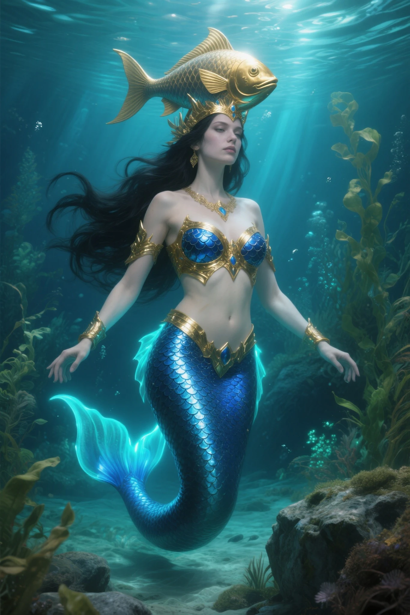 A beautiful mermaid on a rock in middle of rough waters unleash the power of water, she rise the hand creating an arch of whips of water, where the sunlight reflects. Mermaid with golden bikini top, golden cauda. Photography.