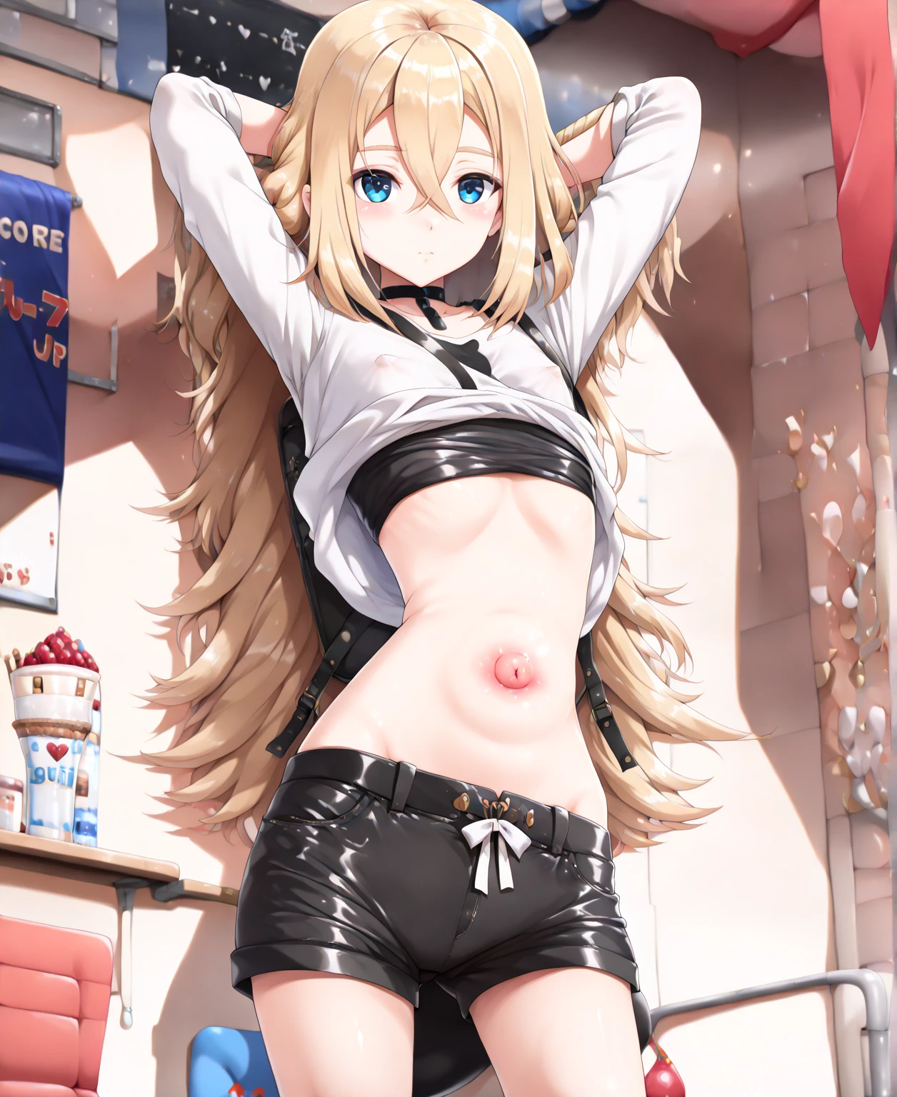 1 woman, alone, 8K, masterpiece,, Masterpiece, 8ก, (big breasts:1.5), Cute face, , look at the audience., Stationary face , (nipple:1.6), (hairy:1.8), blue panties,