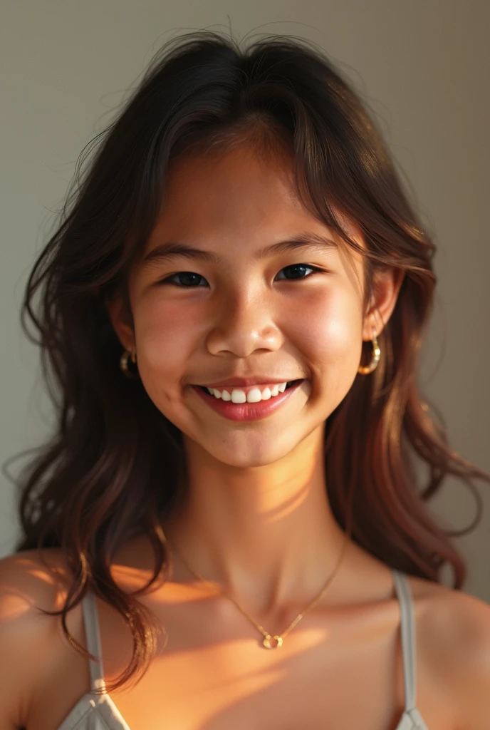young girl smiling in front od the camera, vivid colors and ultra-HD quality, white background.
