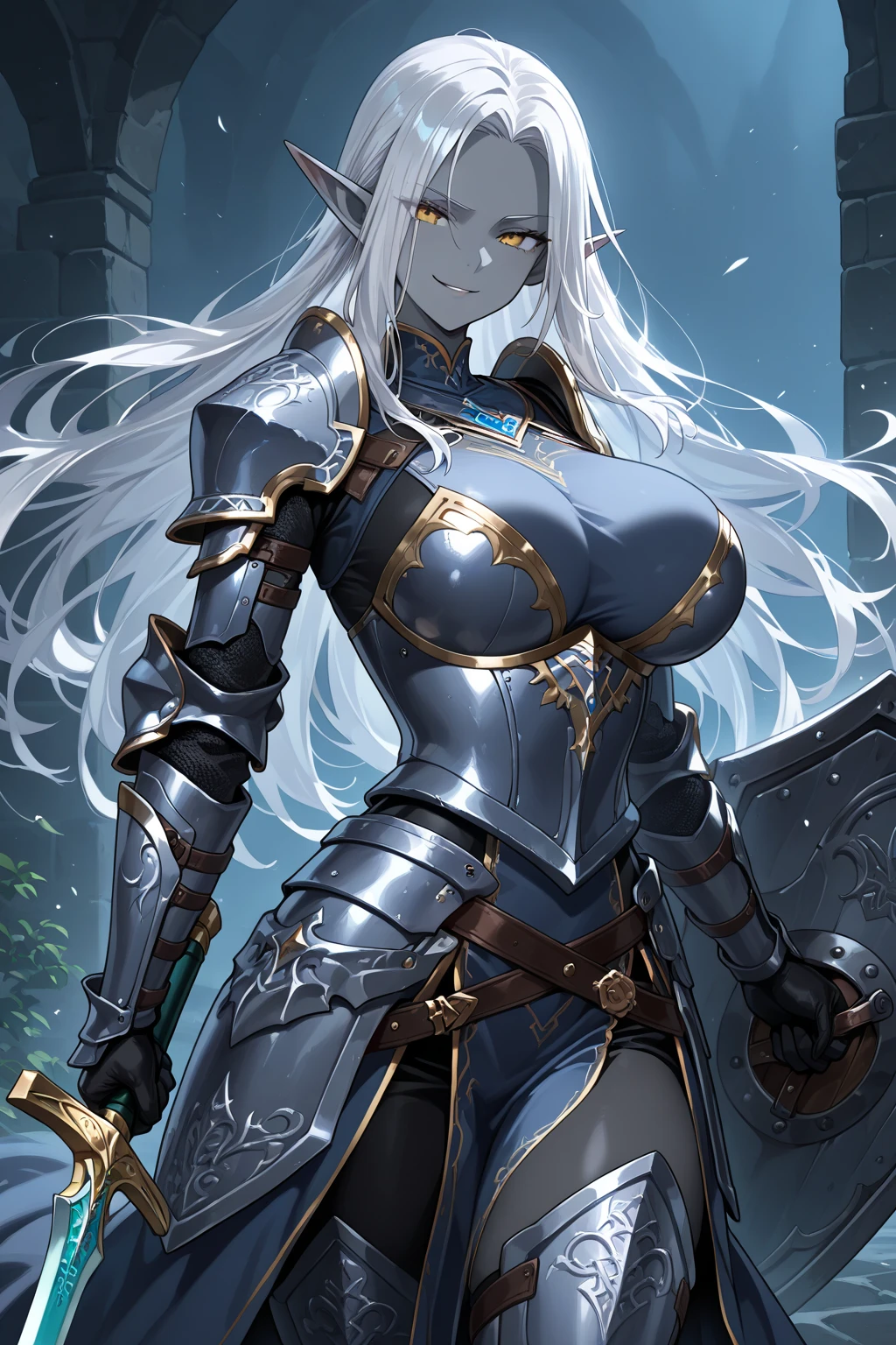 Girl with long silver hair, golden eyes, silver forehead protector, black armor, chest, cleavage, iron armor, skirt, iron boots, whole body, sword, night sky, moon