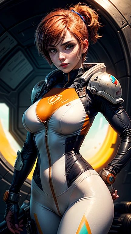 Alien woman, in a space suit, lots of cleavage, (floating in space), ((floating next to space ship)), (viewport of a nebula), faceless, helmet, combine assassin, military, gas mask, shoulder armor, armor, bulletproof vest, one-eyed, black bodysuit, white armor, glowing eye,
