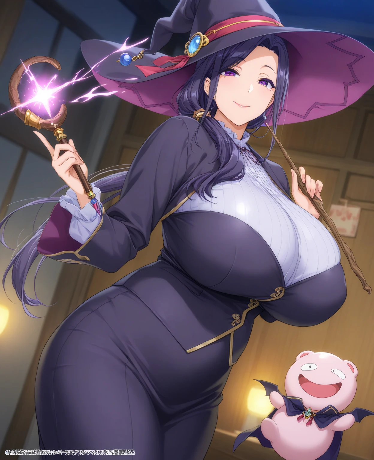 最high quality, high quality, 8k、High resolution,Highest quality、solo、Open Mouth Smile、A fat girl in black clothes with a black hat and glasses, Frivolous anime witch casting a spell, A strong and plump female magician, Black boots, chic, Anime Moe Art Style, Cute Witch, I also make fan art, Sky Witch